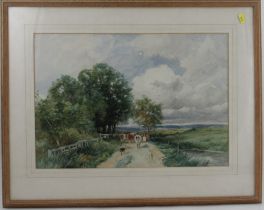 David Bates, watercolour, Near Bredon, cattle on a lane in landscape, 14ins x 20.5ins