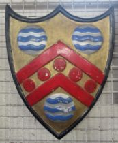 Malvern College, a painted heraldic shield, height 21ins