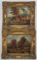 A pair of 19th century oil on panel, hunting scenes with figures on horse back and hounds, 7.5ins