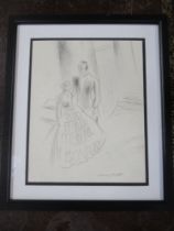 Bears signature Laura Knight, pencil sketch, portrait of lady and gentleman, 9.5ins x 7.5ins