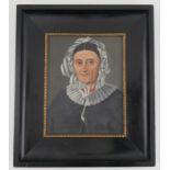 An oil on board, portrait of a woman in blue and white mop hat, 9ins x 7ins