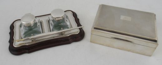 A silver cigarette box, together with a modern silver desk set