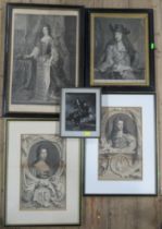 Four Antique black and white prints, two of William III and two of Queen Mary, together with another