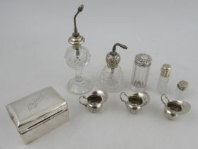 A silver playing card box, engraved Whist, together with various dressing table bottles and jugs