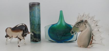 A Murano glass model, of a bull, together with two Mdina glass vases and a glass horses head