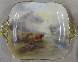 A Royal Worcester square dish, decorated with Highland cattle in landscape by J Stinton, af