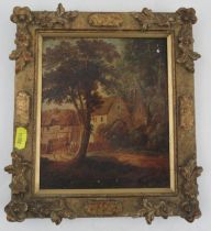 An oil on board, landscape with figures outside with buildings and trees, 7.5ins x6.25ins
