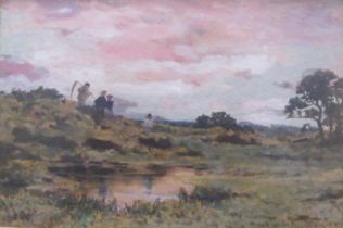 J Aumonier, watercolour, Figures returning from scything hay, 5.5ins x 8.25ins