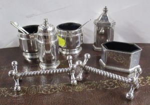A collection of silver condiments, together with a pair of silver plated knife rests