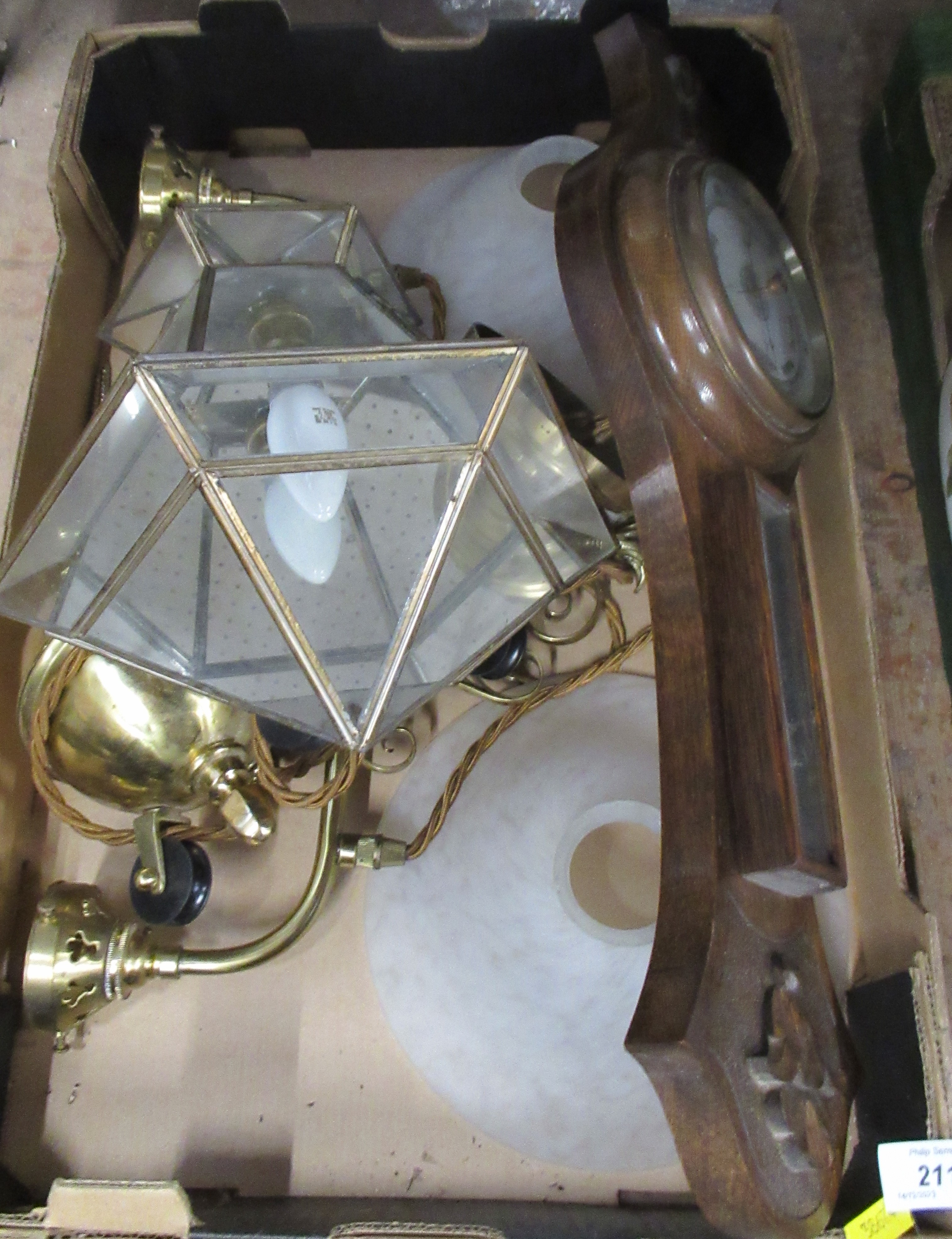 An oak barometer, together with light fittings