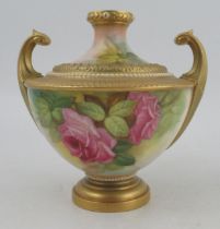 A Royal Worcester pedestal vase, decorated with pink roses by F Harper, shape number 2299, height