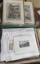 A collection of antique and later prints, etchings, map etcs, including French signed coloured