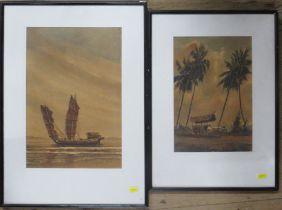 Charton, two watercolours, Indonesian School, boat and an oxen drawn cart, 15ins x 10ins and 12.