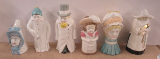 Six Royal Worcester candle snuffers, Mrs Caudle, Toddie, Budge, Feathered Hat, Mob Cap and Nun