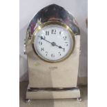 A silver cased mantel clock, marks rubbed, height 7ins