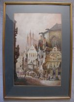 C J Keats, pair of watercolours, Louvaine and a continental town scene , 19.5ins x 12.5ins