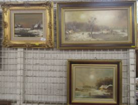 Two Sorensen , oil on panel, continental winter scenes,   7.5ins x 9.5ins, 9.5ins x 18.5ins together