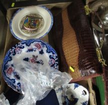 Two boxes to include, a wooden tray, metalware and china