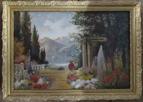 Butler, oil on canvas, Continental garden view