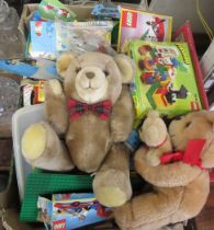 A box of assorted toys to include Teddy Bears, lego, puzzle etc