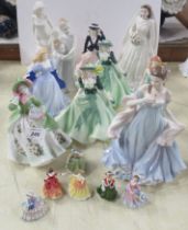 Ten Royal Worcester porcelain figures, together with six Royal Doulton miniature figures