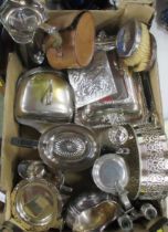 A box of mixed silver plated and other metalware