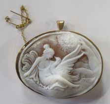 A 9ct gold framed cameo brooch/pendant, carved with Leda and the Swan, maximum diameter 2ins