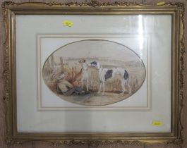 A 19th century watercolour, greyhounds and figure in a field, width 12ins