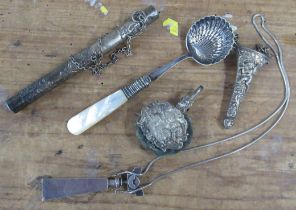 A silver Art Deco scent bottle, together with other white metal items