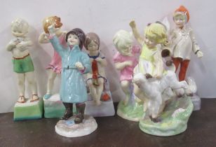 Seven Royal Worcester figures, from the days of the week or months of the year series