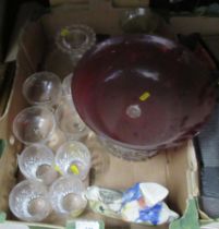 A mixed box of glassware and a flat back figure