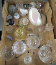 A box of mixed glass, to include paperweights and coloured glass, together with a shell