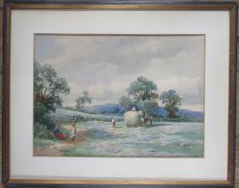 J B Noel, watercolour, rural scene gathering harvest, 10ins x 14ins