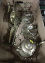 A box of brassware, to include a spirit kettle on stand and an inkwell