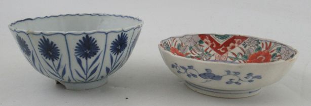 A Japanese scallop shaped shallow dish, together with a blue and white bowl, diameter 6ins