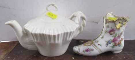 A Belleek tea pot, together with a Dresden boot