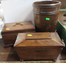 Two 19th century mahogany boxes, together with a wooden bucket