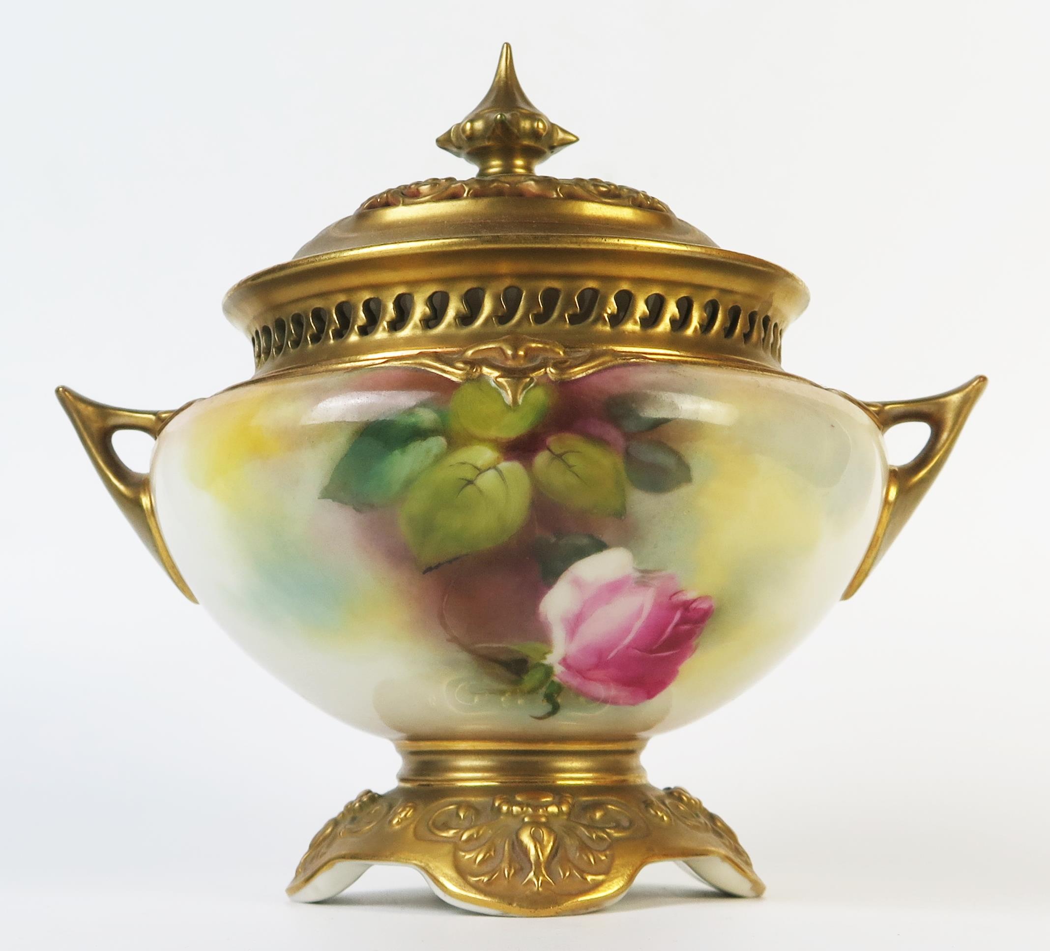 Royal Worcester Potpourri Vase and Cover, the matt gilt cover above a compressed two handled vase - Image 2 of 3
