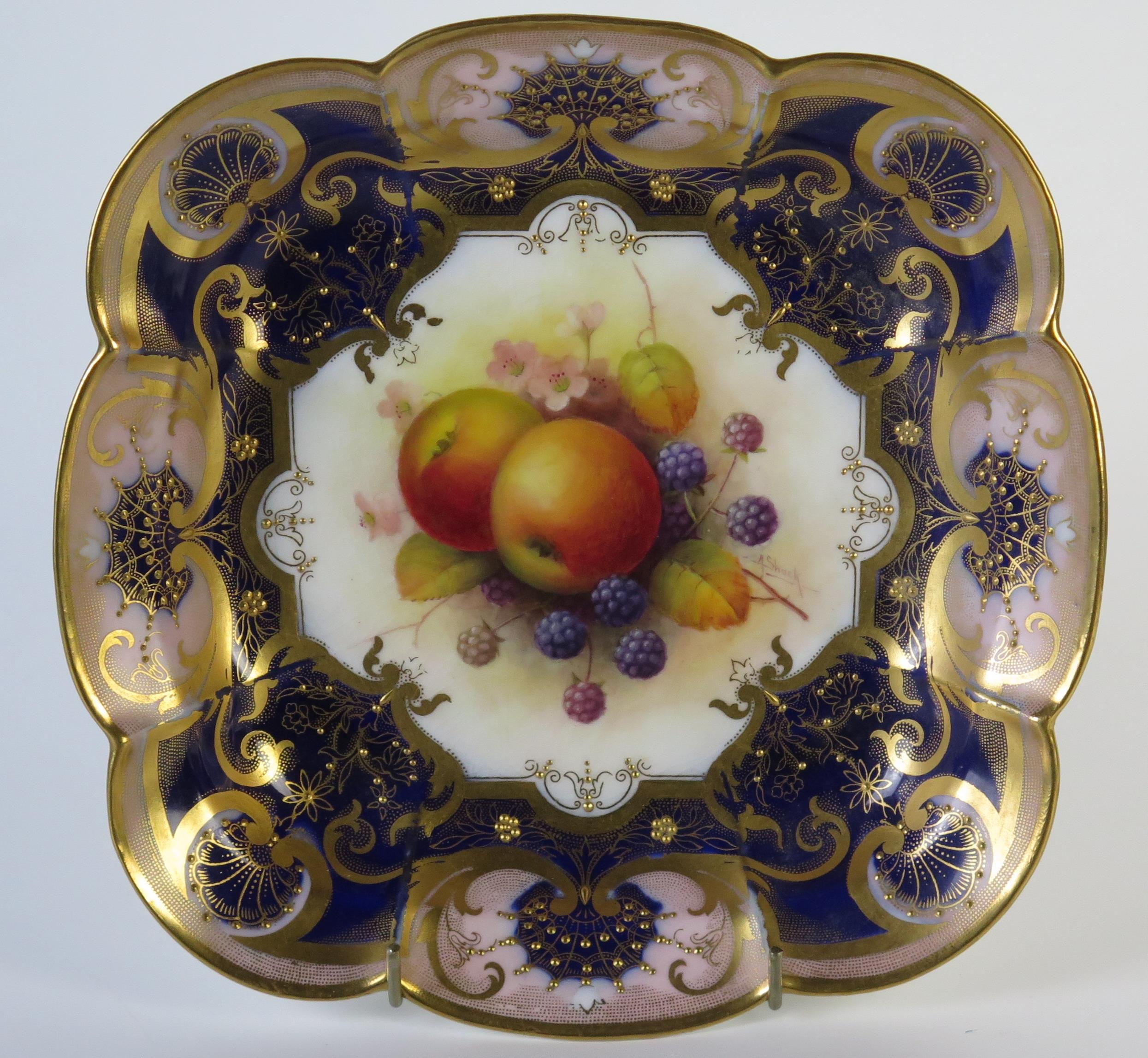 Royal Worcester Hand Painted Cabinet Plate of lobed square form, decorated with apples and