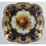 Royal Worcester Hand Painted Cabinet Plate of lobed square form, decorated with apples and