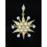 Victorian Pearl (untested) & Diamond Star Pendant Brooch in a 15ct gold setting, diamonds c. 3.
