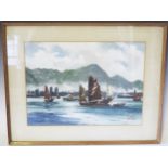 Ling, Hong Kong harbour scene, watercolour, 50.5x39cm including glazed frame