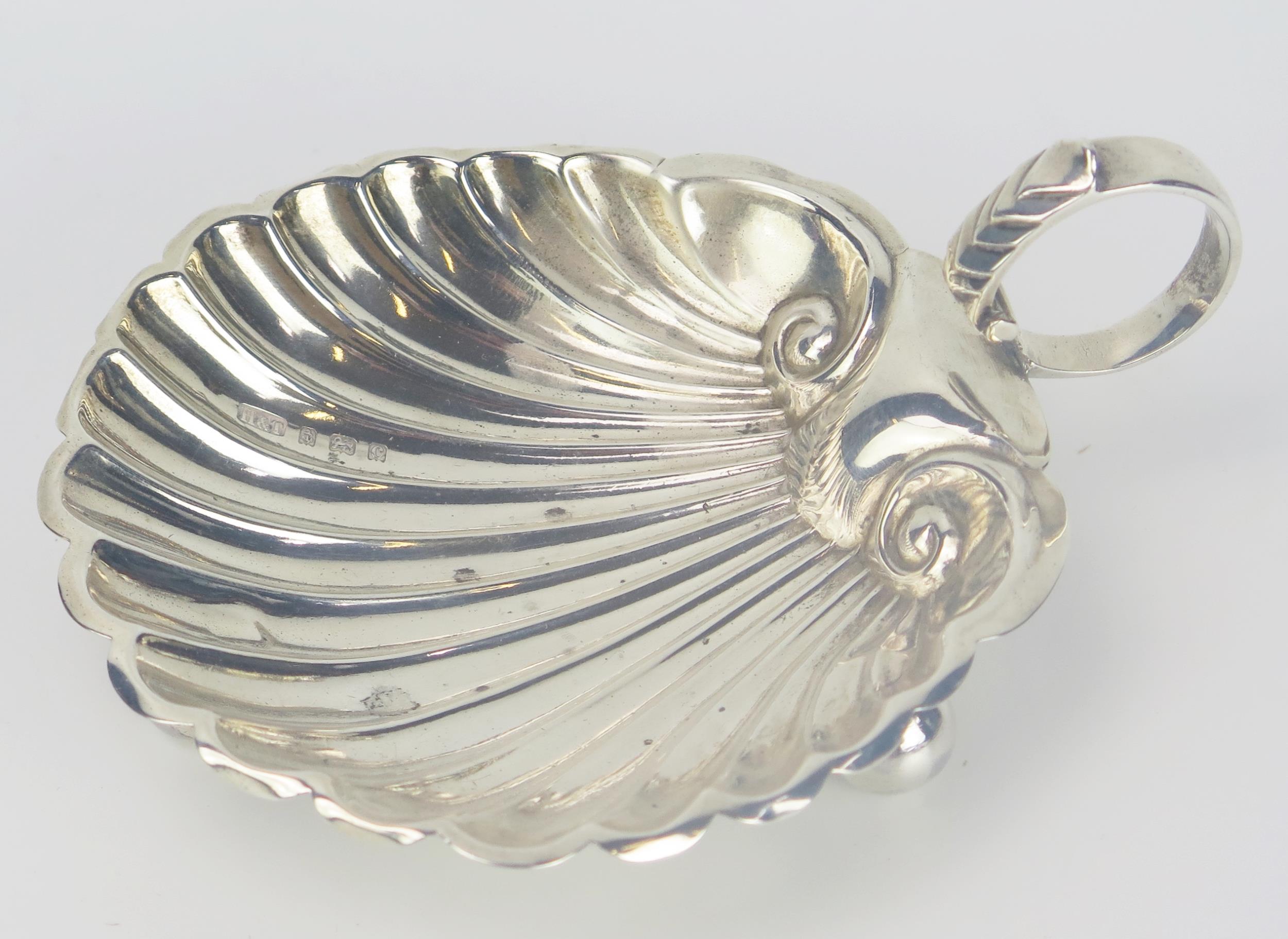 Edward VII Silver Scallop Shaped Dish with c-scroll handle, Birmingham 1902, Hilliard & Thomason, - Image 2 of 2