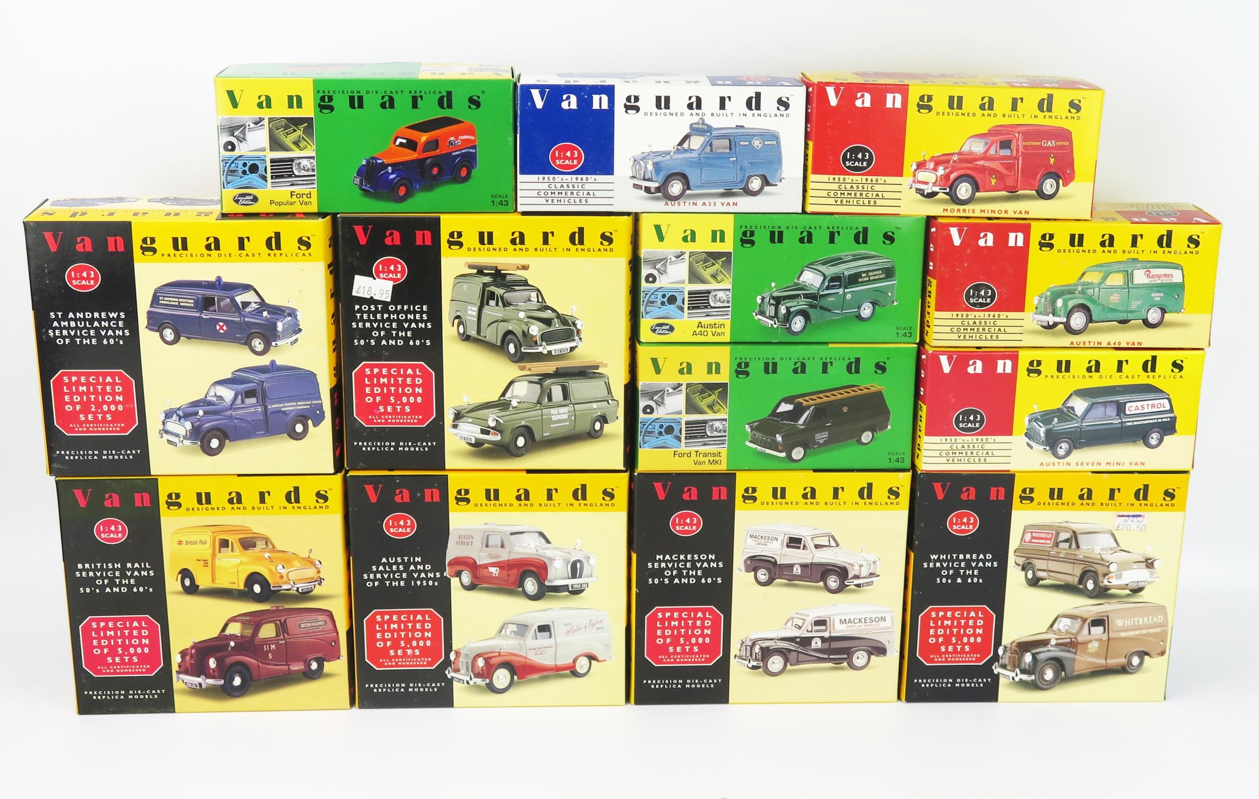 Vanguards 1:43 Collection of 19 Model Vans Including Austin Mini, Austin A40, Ford Transit, Ford