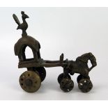 Indian Bronze Wheeled Horse and Carriage with bird, 12.5cm long