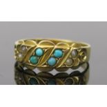 Victorian Turquoise and Pearl Ring in an 18ct hallmarked setting, 8mm wide head, Chester 1884, maker