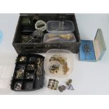 A Case of Costume Jewellery, silver napkin ring, silver A.R.P. badge, etc.