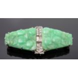 Art Deco Carved Jadeite & Diamond Clip Brooch set with baguette and rose cuts in an unmarked