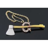 Unmarked 15ct Gold and Platinum Diamond Set Axe Brooch, with rose cut stones set in a G initial, the