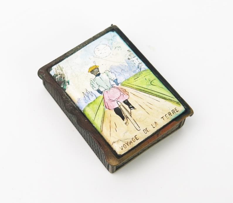 French Enamel Risque Vesta Case with twin plaques depicting a lady on bicycle 'VOYAGE DE LA TERRE'